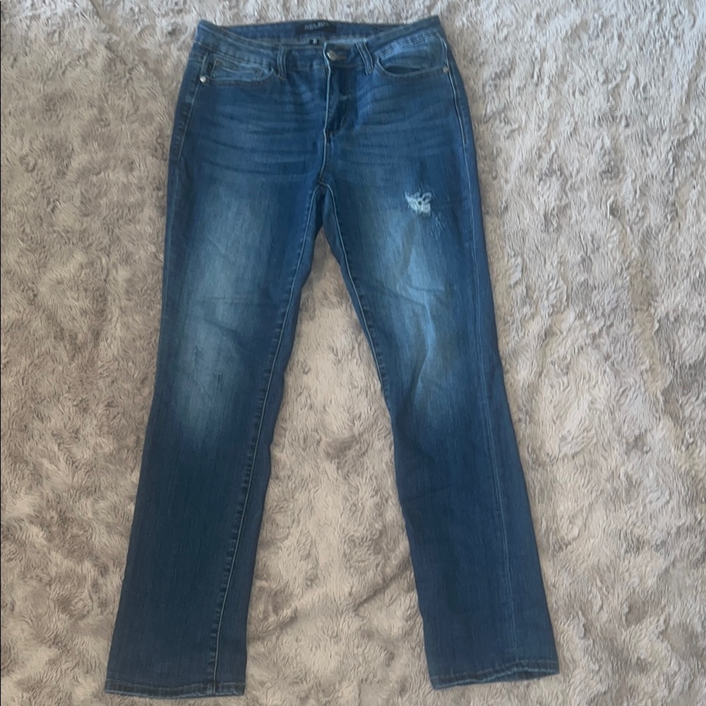 Judy Blue Straight Leg Blue Jeans with Distressed Details